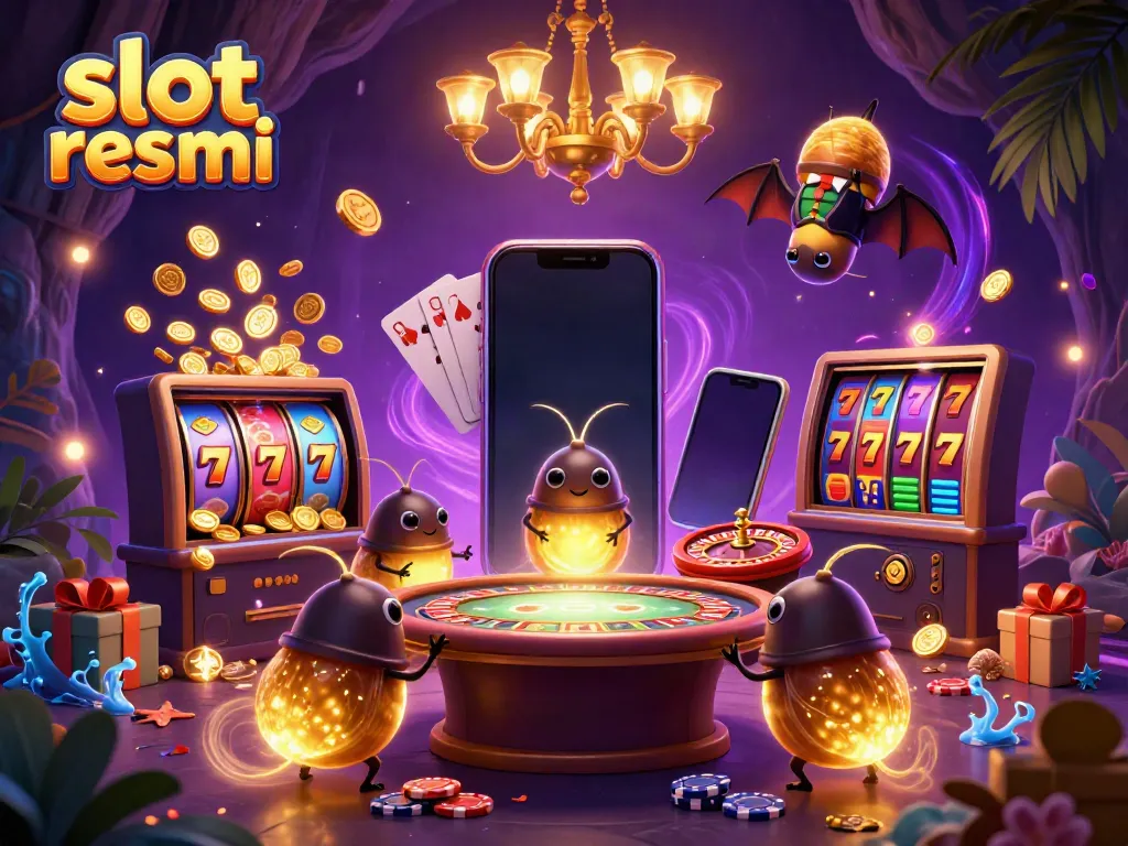 Engaging casino scene with glowworms, slot machines, and a bat dealer under bioluminescent lights showcasing slot resmi features.