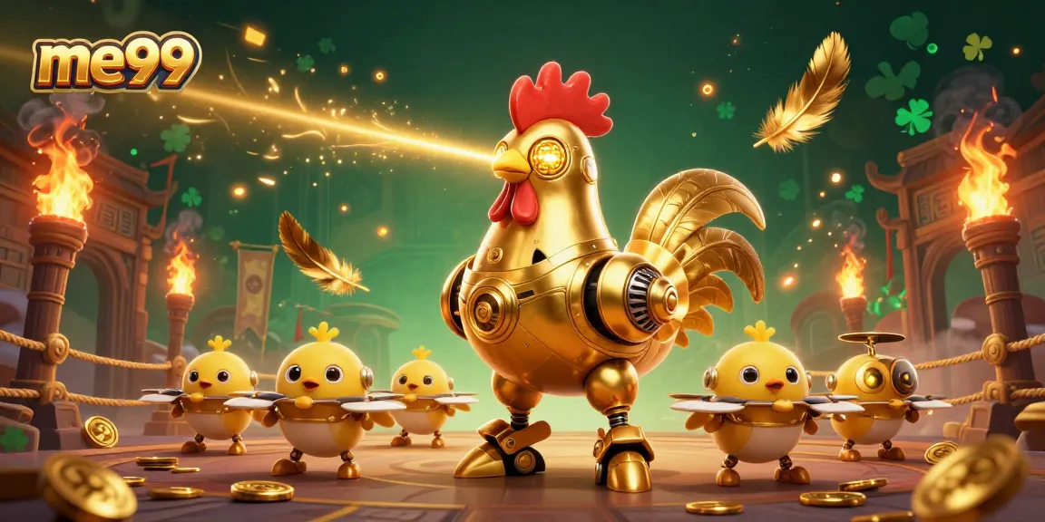 Experience big wins at me99 with a golden rooster robot leading the way through a thrilling casino adventure.