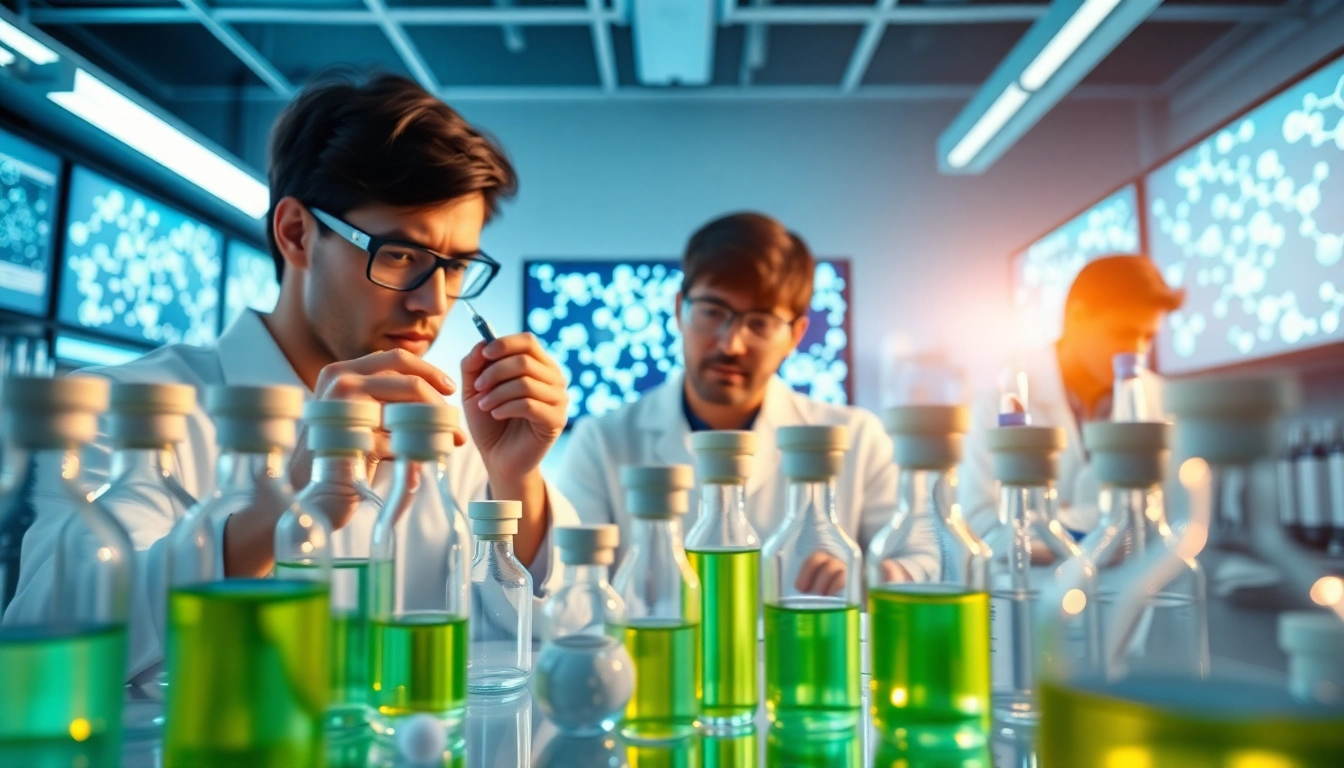 Explore research compounds in a vibrant laboratory setting with scientists engaged in analysis.