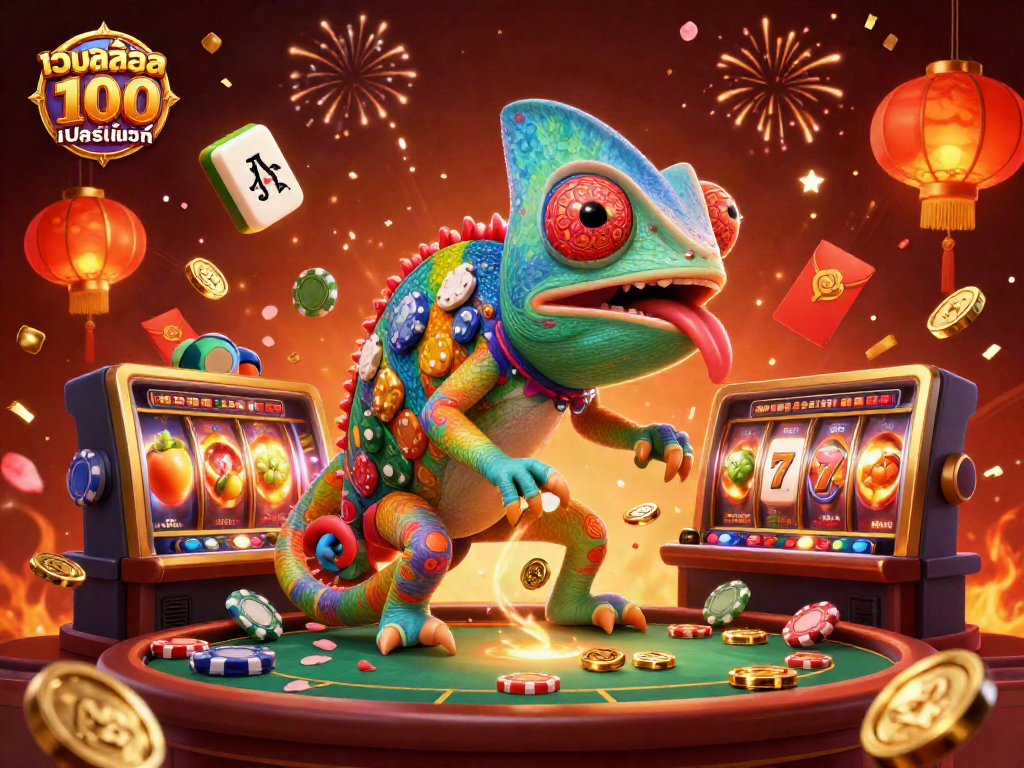 Experience the thrill of เว็บสล็อต แท้ 100 เปอร์เซ็นต์ with a colorful chameleon owner and vibrant slot machine action.