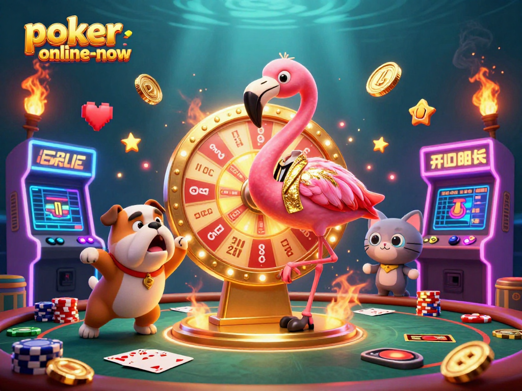 Engage in dynamic poker action with poker-online-now featuring a flamingo host, bulldog contestant, and vibrant casino elements.