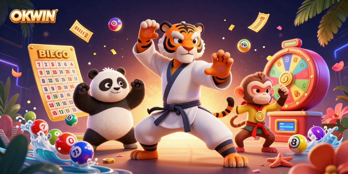 Experience thrilling gaming adventures with OKWIN in a vibrant, action-packed casino scene.