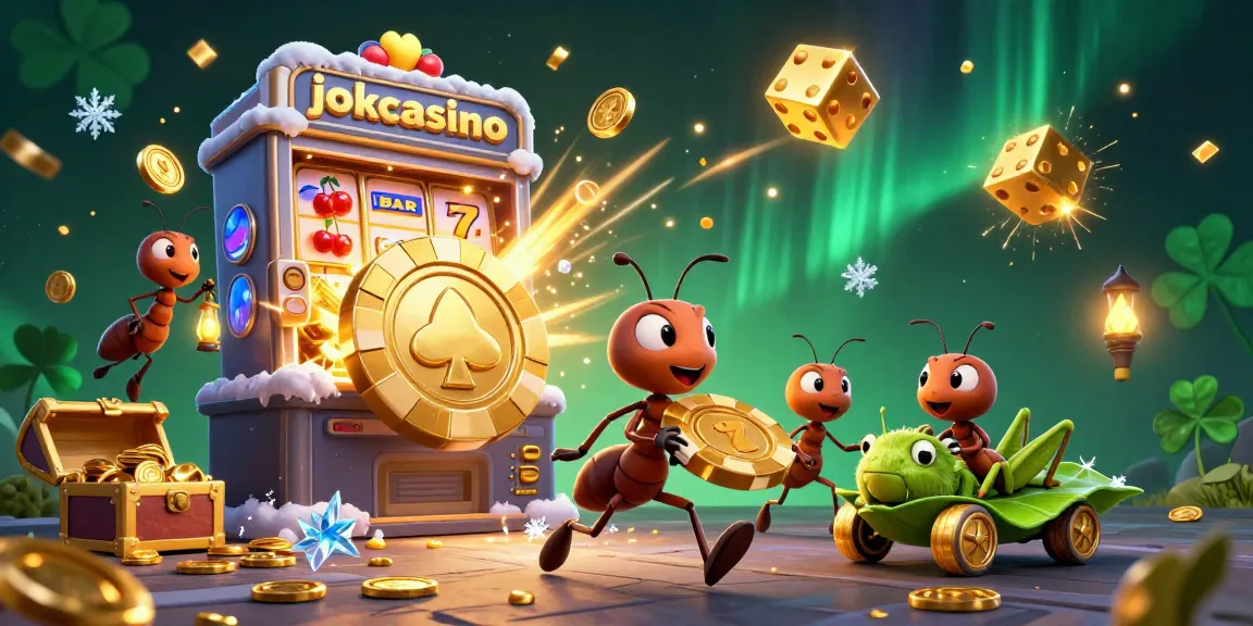 Engage in joker casino action with lively 3D ants and gold poker chips in a vibrant scene.