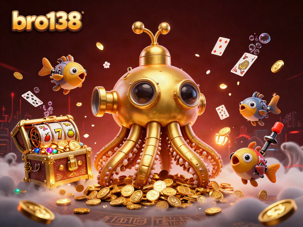 Experience thrilling gameplay at bro138 with vibrant slot reels and a golden kraken amidst treasures.