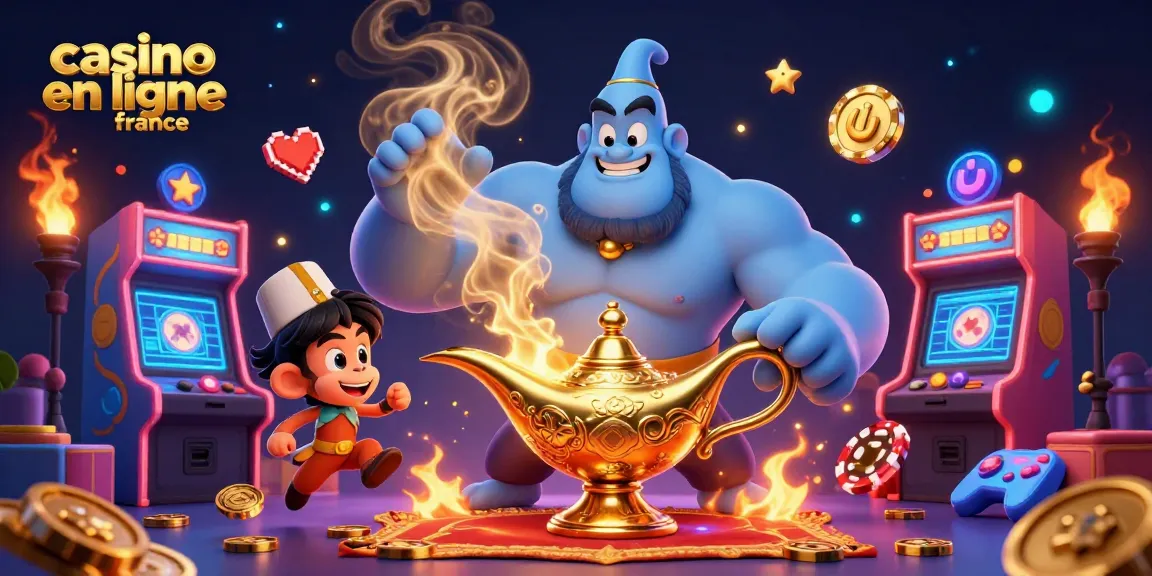 Casino en ligne France : illustration dynamique de jeux avec un génie, un singe et des jetons de poker.