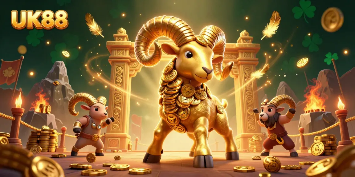 Bet on UK88 with a vibrant 3D illustration of a golden ram charging through a casino-themed scene.