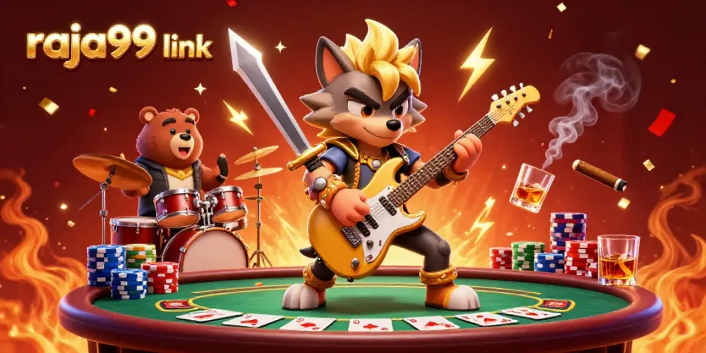 Experience the thrill of raja99 link with a lively casino concert featuring a rock star wolf and vibrant poker elements.