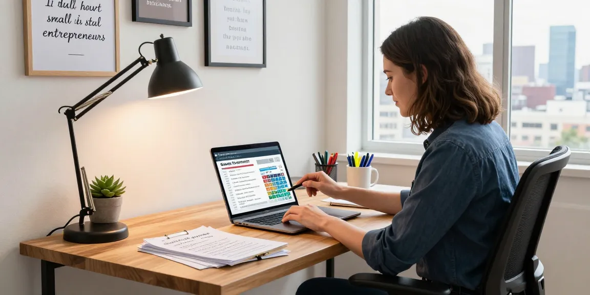 Person evaluating a seller financing calculator in a well-lit home office, documents and laptop open.