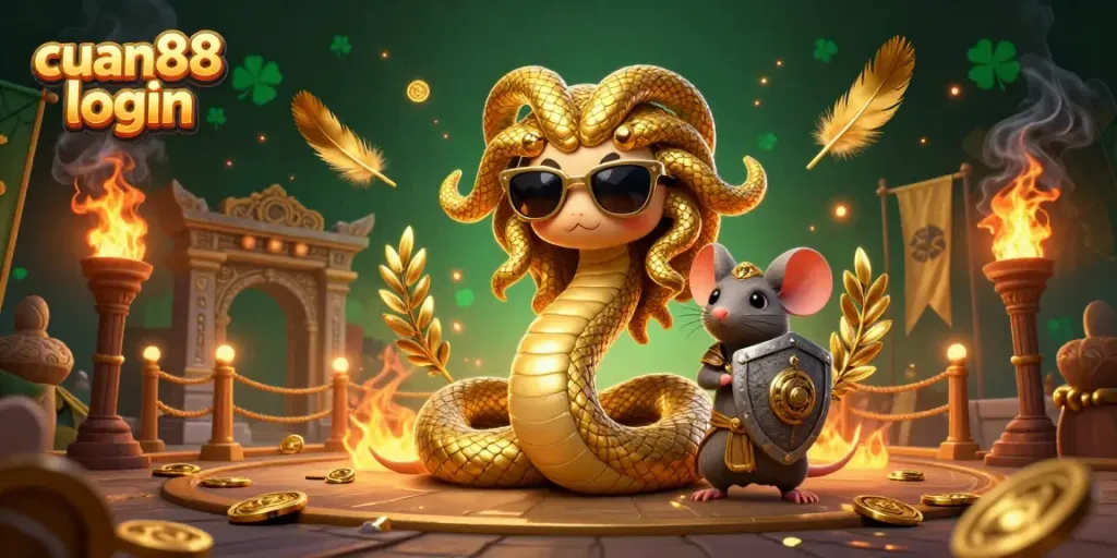 Engage with the cuan88 login portal featuring a vibrant illustration of a friendly Medusa and a warrior mouse in a dynamic casino arena.