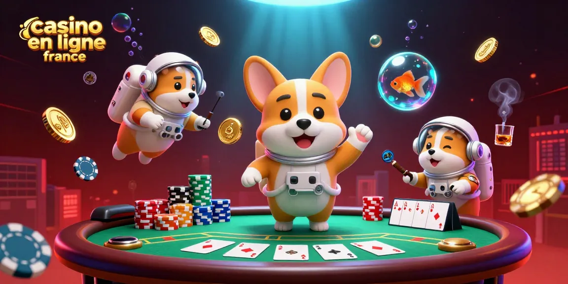 Un chien de l'espace dans un casino en ligne France avec des jetons et des pièces flottantes.