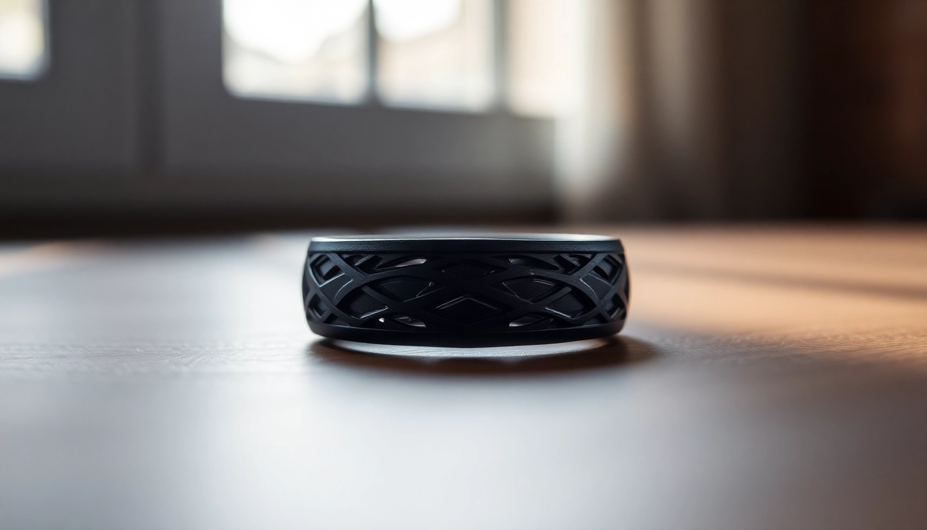 Showcasing Black Wedding Rings for Men with unique designs and intricate textures.