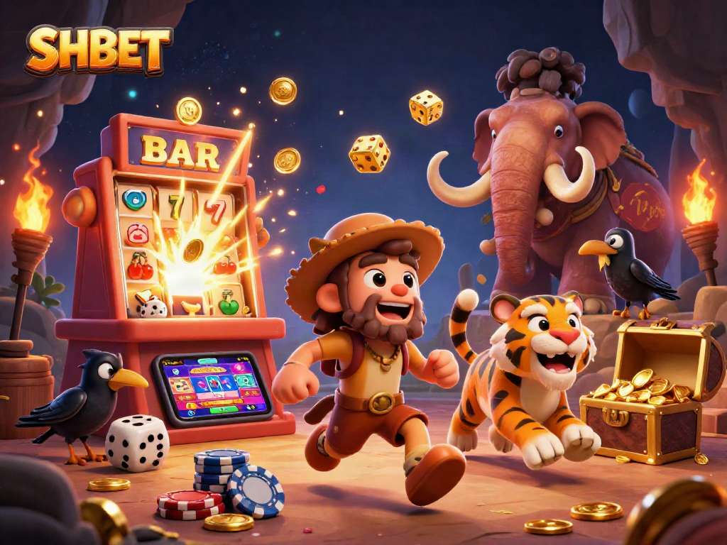 SHBET showcases a fun, dynamic casino scene with colorful characters and exciting game elements.