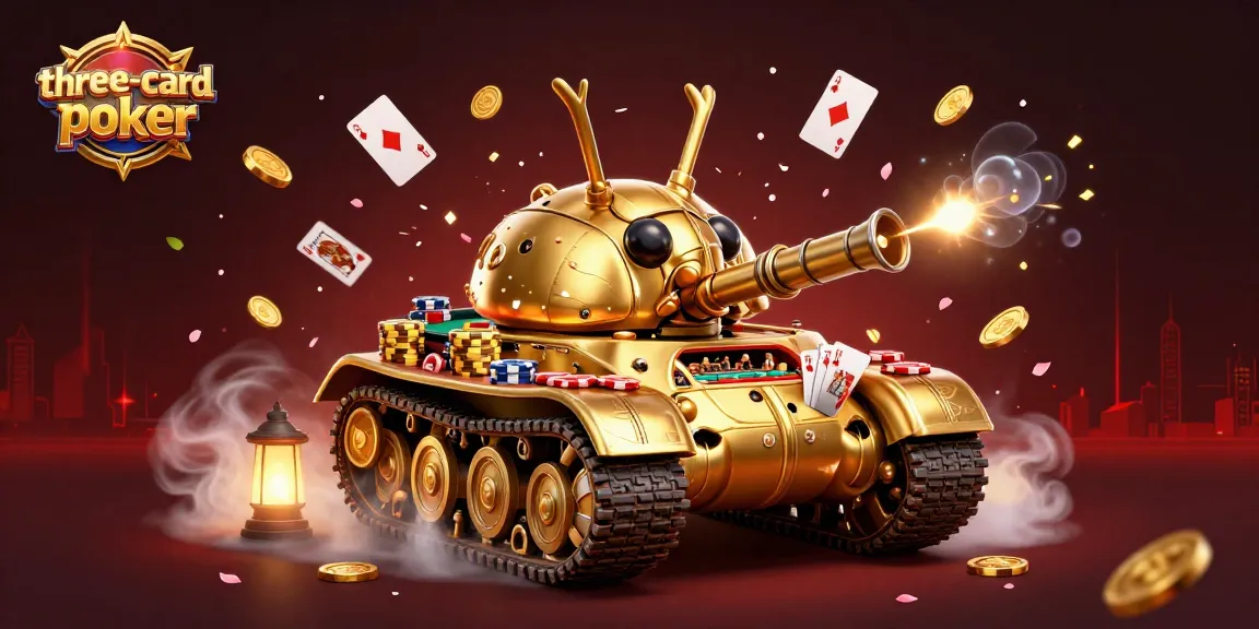 Engage in three-card-poker action with a dynamic casino scene featuring a miniature casino and vibrant game elements.