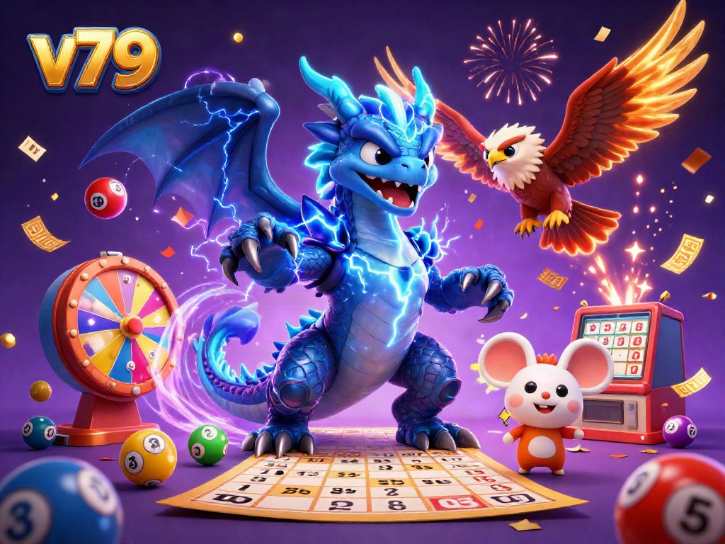 Experience exciting winnings at v79 with vibrant casino elements in a dynamic 3D scene.