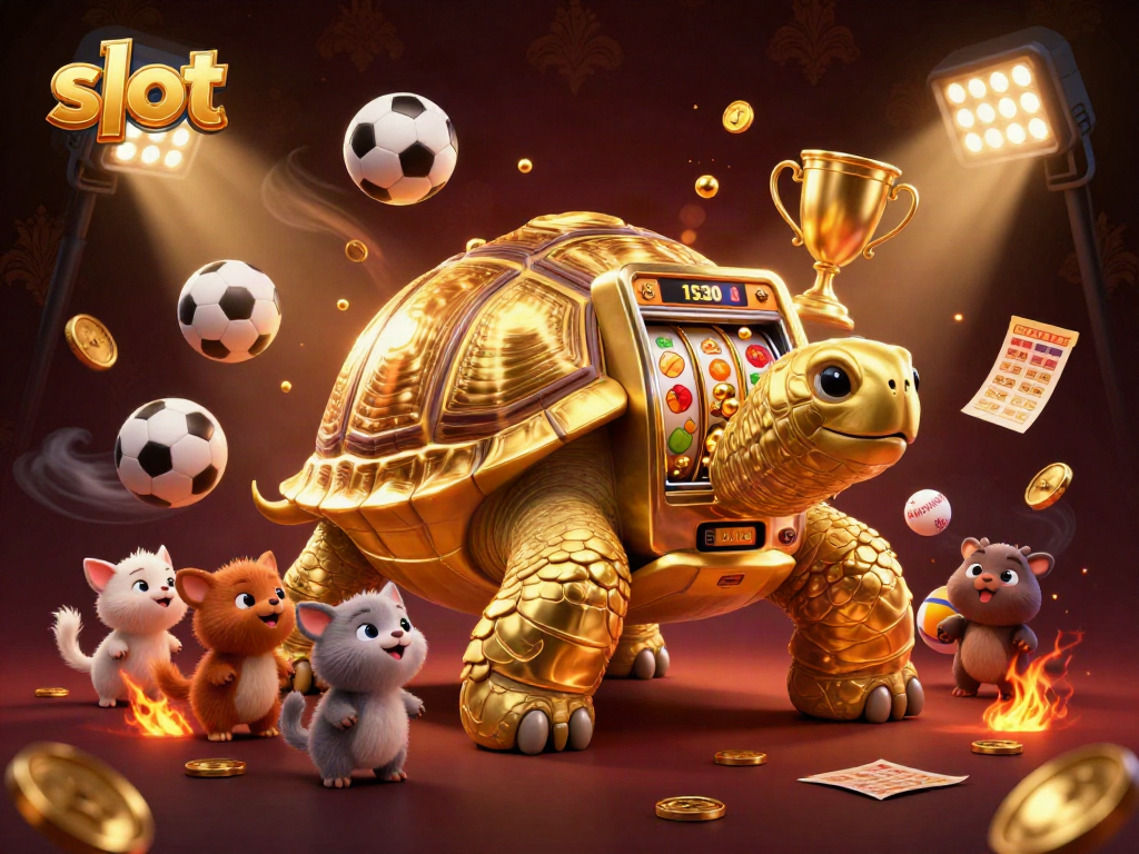 Engage in thrilling slot action with a golden tortoise slot machine and excited animals.
