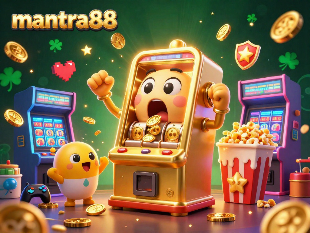 mantra88 golden slot machine hitting jackpot surrounded by arcade elements for exciting casino gaming