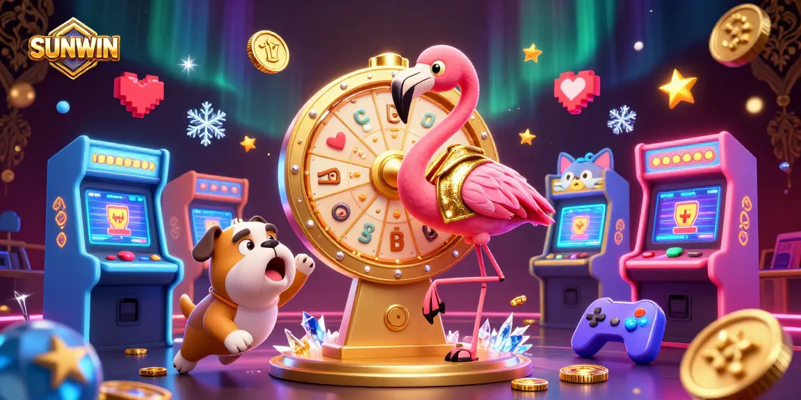 SUNWIN's vibrant casino scene showcases a golden prize wheel, excited contestants, and gaming elements.