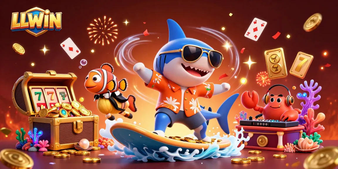 LLWIN showcases a vibrant 3D scene featuring a shark-themed casino, celebrating luck and winnings.