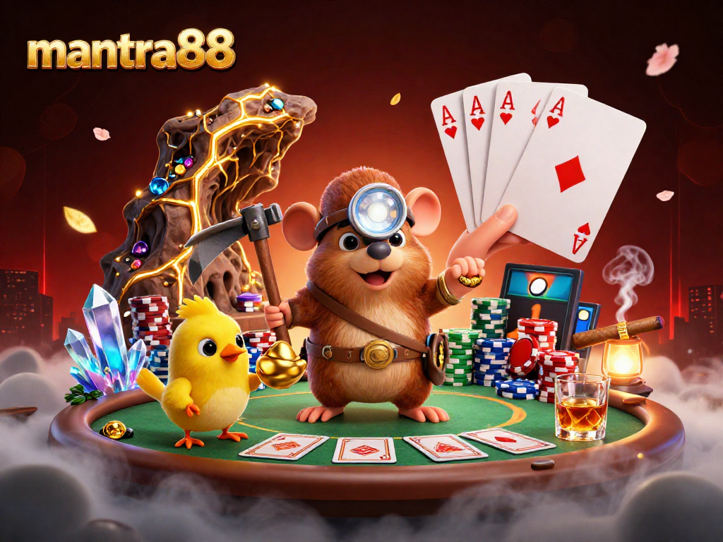 Experience the thrilling gaming adventure of mantra88 in a vibrant 3D illustration featuring interactive poker elements.