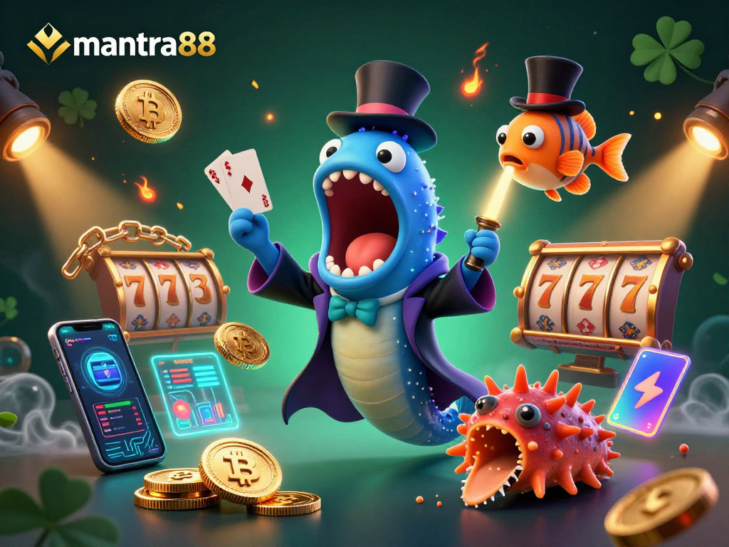 Engage with mantra88's thrilling card magic act showcasing crypto elements and vibrant casino gaming.
