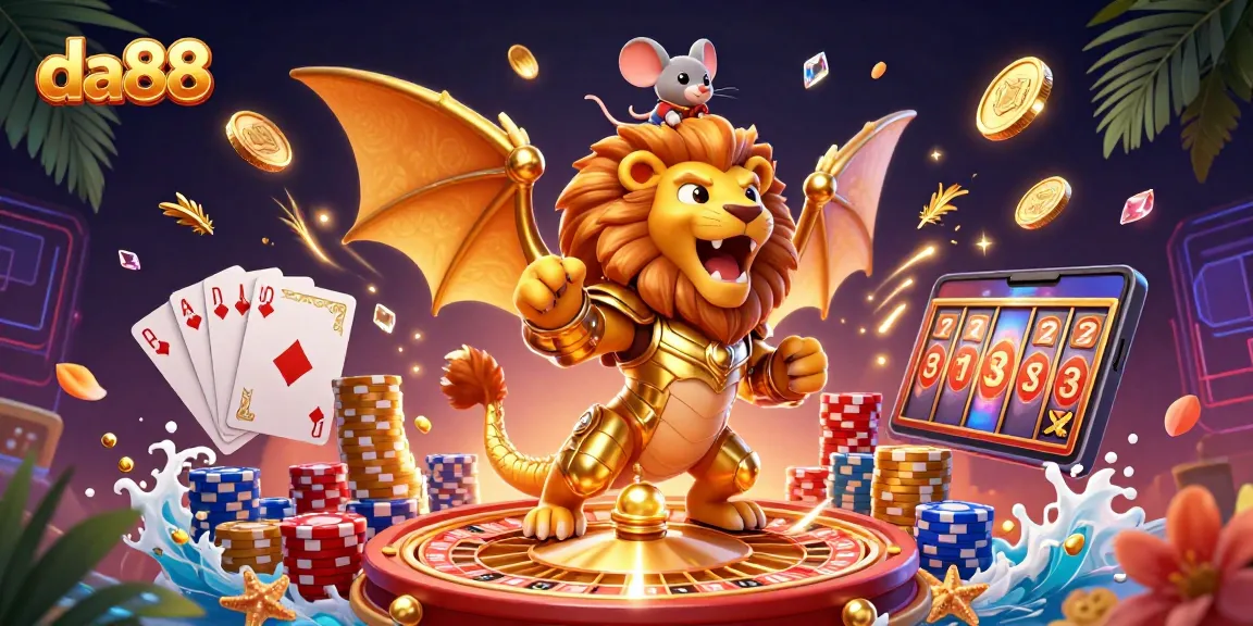 Experience the thrill of da88 with a vibrant, 3D illustration featuring a roaring chimera and dazzling casino elements.