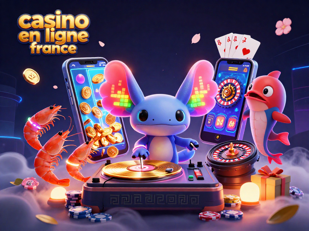 Capture d'une scène dynamique du casino en ligne France avec DJ axolotl, crevettes dansantes et éléments de jeu.
