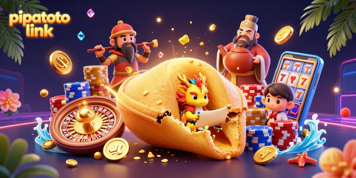 Pipatoto link showcases a vibrant casino scene with a giant fortune cookie and dynamic gaming elements.