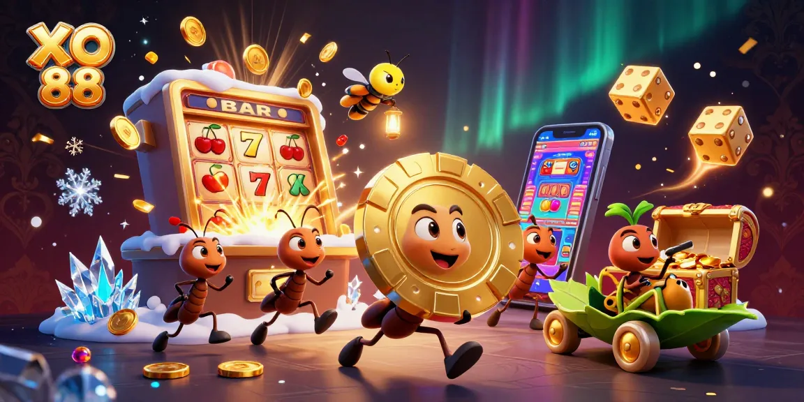 Experience the excitement of XO 88 with playful ants heisting a giant poker chip.