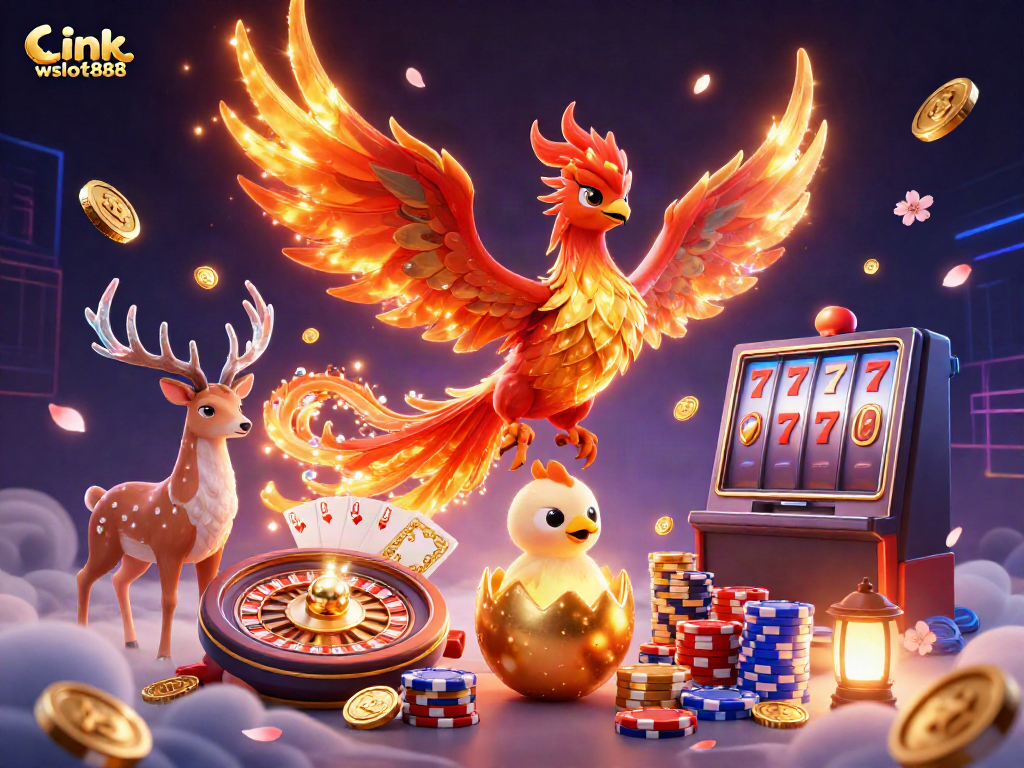 Gali kemenangan di game dengan link wslot888, lihat phoenix berapi dan simbol kasino di latar belakang.