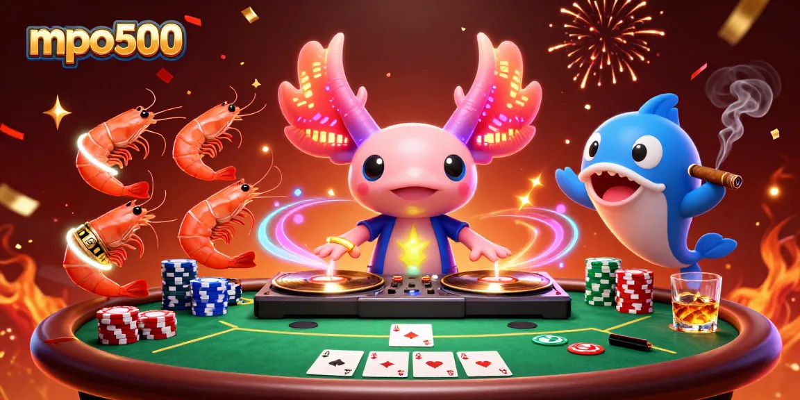 Engage with mpo500's vibrant casino world featuring a DJ axolotl and poker elements.