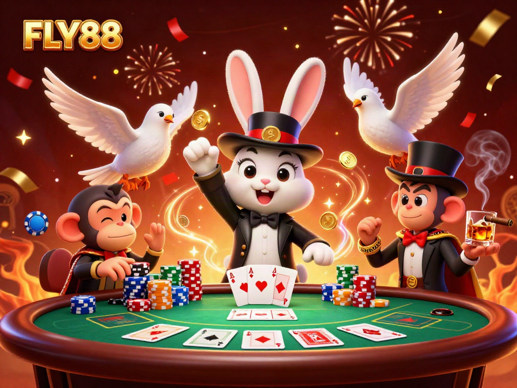 Engage in the FLY88 experience with a lively 3D scene featuring a magician rabbit, dove, and monkey at a casino.