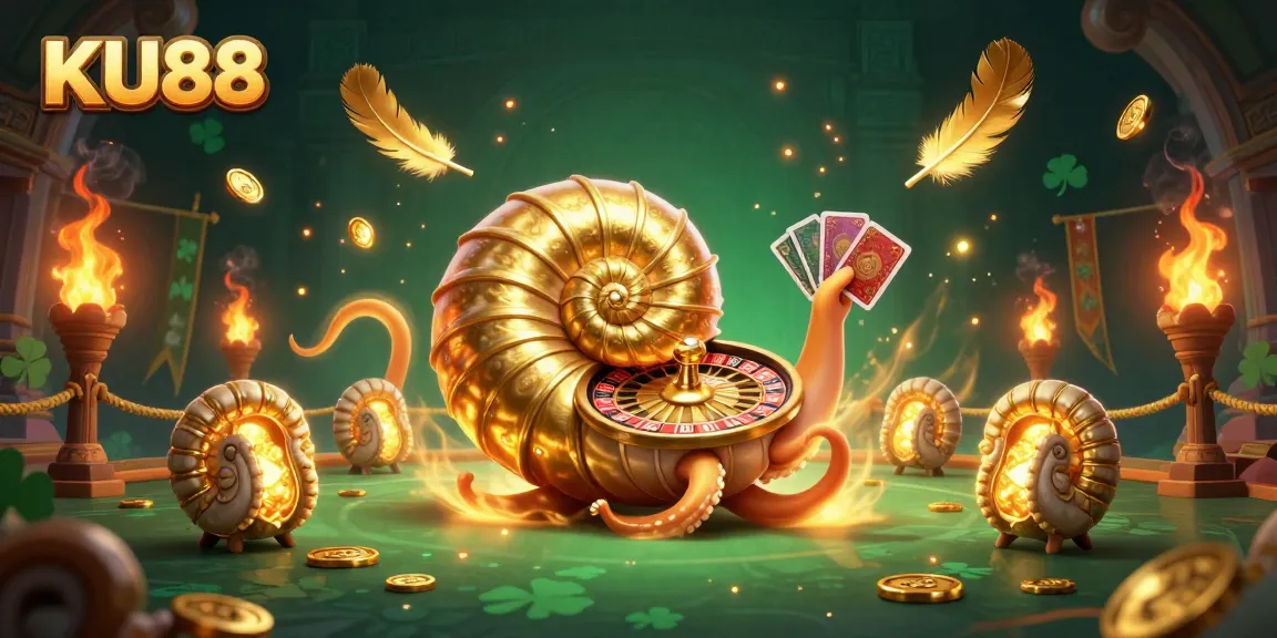 Spin the KU88 roulette wheel alongside the ancient nautilus in a vibrant casino scene.