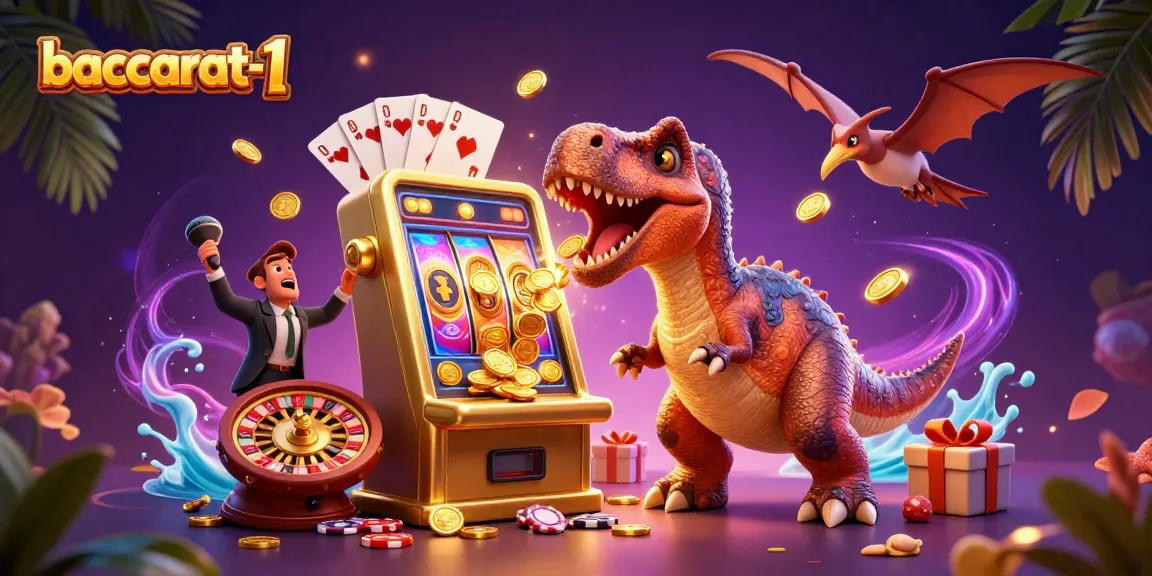 Baccarat-1 showcases a lively scene with a pachycephalosaurus winning coins from a slot machine, highlighting thrilling online gaming.