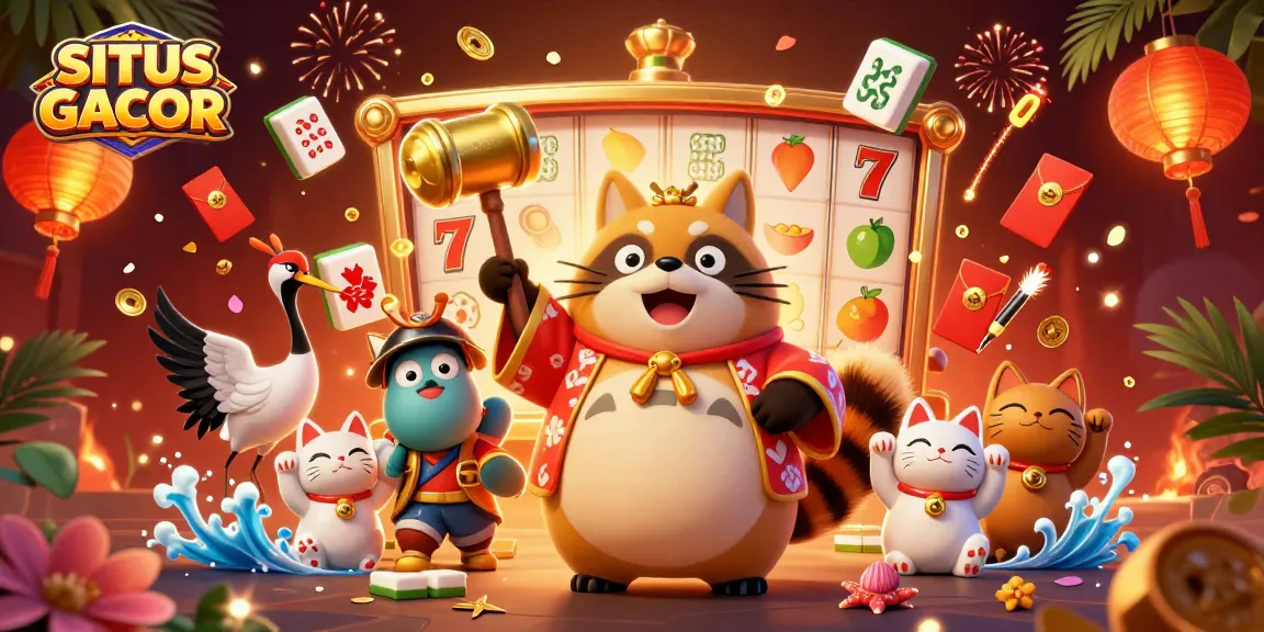 SITUS GACOR scene showcasing a cheerful tanuki, lucky symbols, and vibrant slot game elements for engaging gambling experiences.