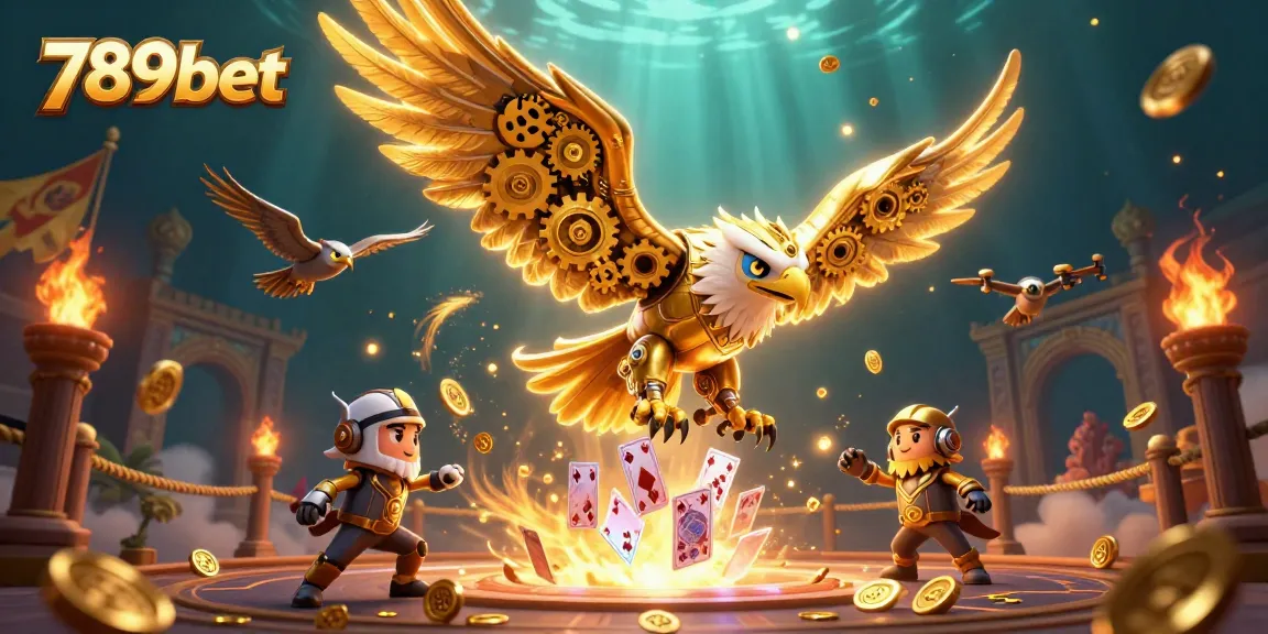 Experience thrilling gameplay at 789bet with a stunning cybernetic eagle diving through holographic cards.