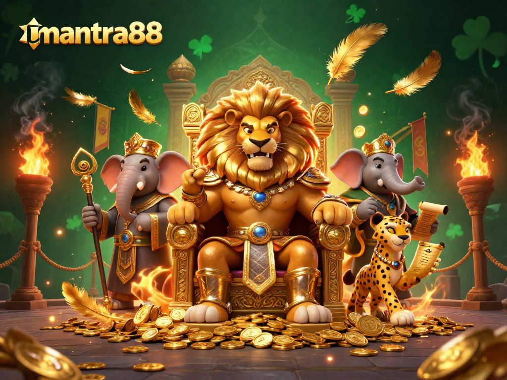 Experience thrilling gameplay at mantra88 with a fierce lion king, wise elephant, and swift cheetah in an epic casino scene.