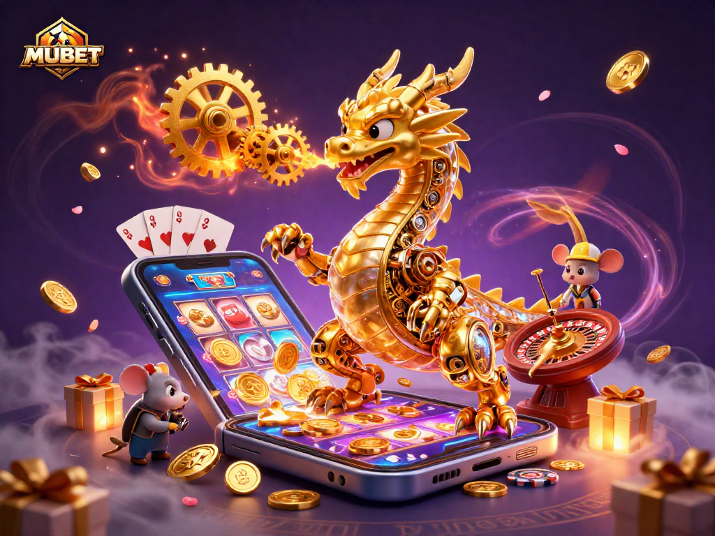 MUBET showcases a rich 3D casino scene with a dragon, coins, and dynamic gaming elements.