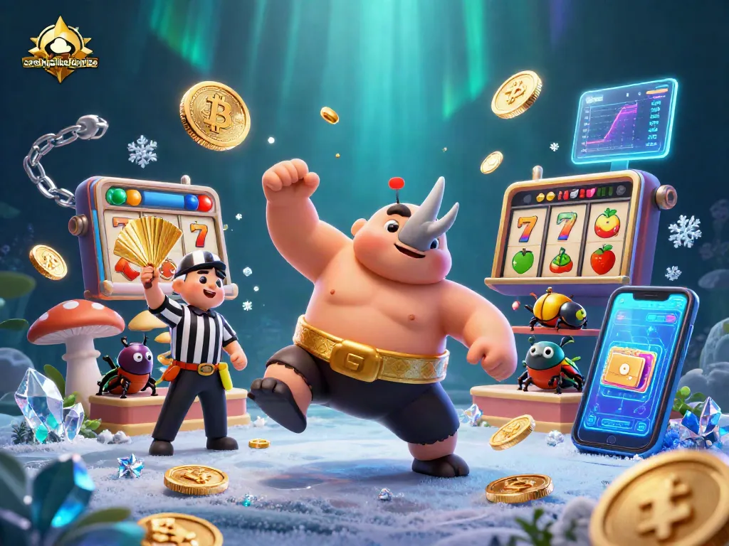 casinoslikefunrize showcases an exhilarating scene with a beetle sumo champion amidst slot reels and vibrant crypto symbols.