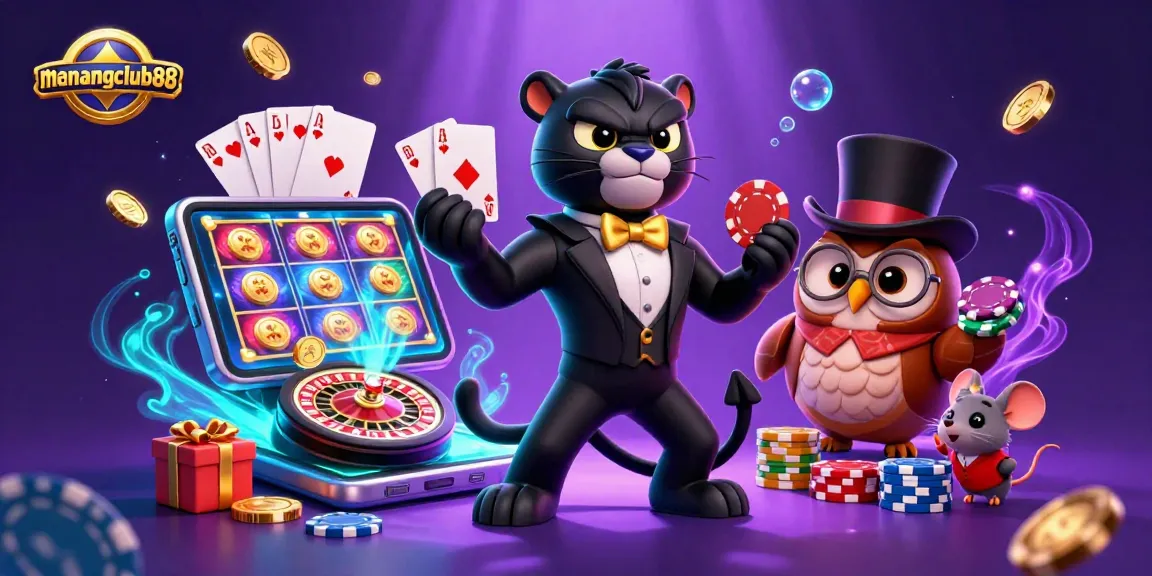 Experience the thrilling world of menangclub88 with a stylish panther, owl, and mouse in a vibrant casino scene.