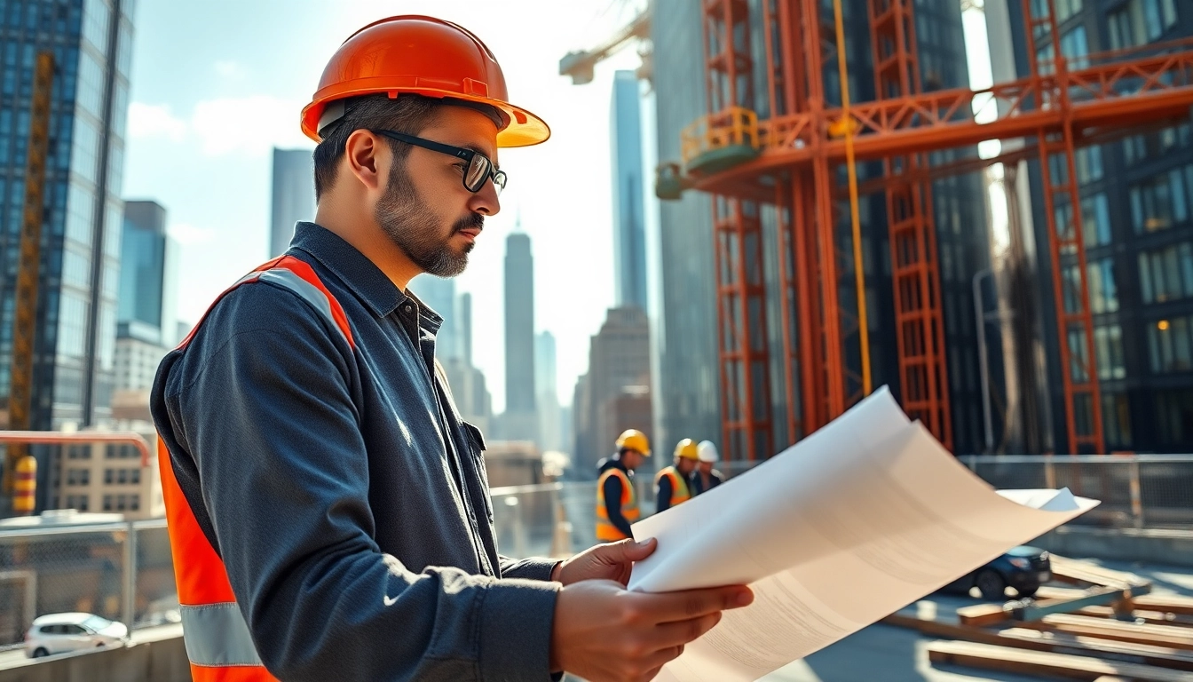 New York City Construction Manager supervising a vibrant construction site in the city skyline.