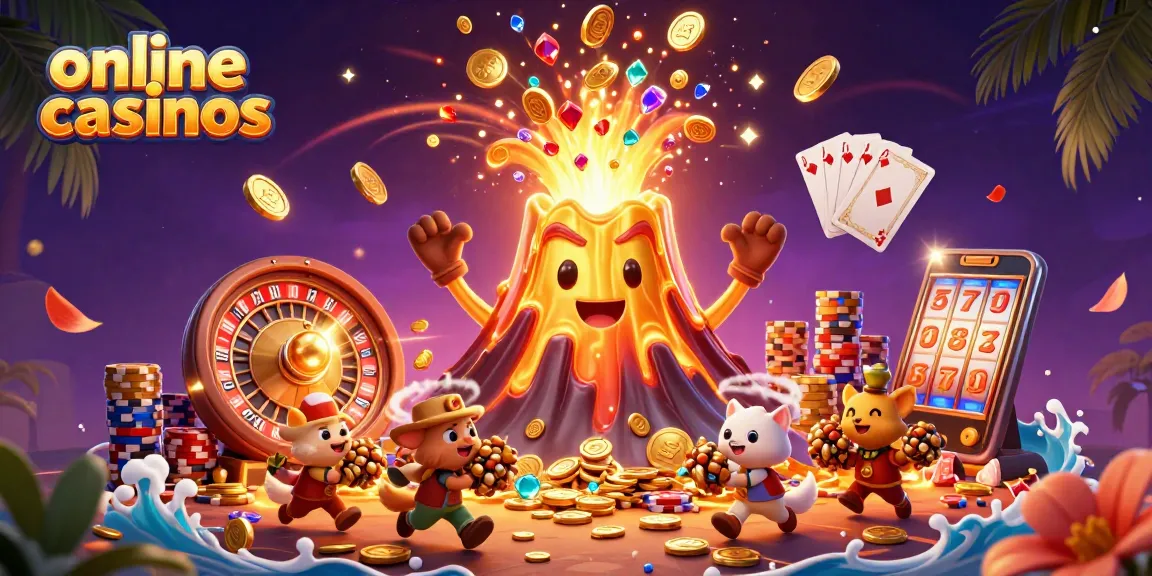 Experience thrilling online casinos like never before with a golden volcano erupting treasure.
