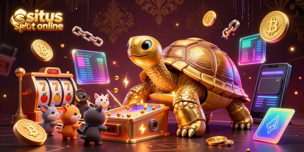 Aksi meraih jackpot di situs slot online dengan simbol keberuntungan dan koin crypto yang bersinar