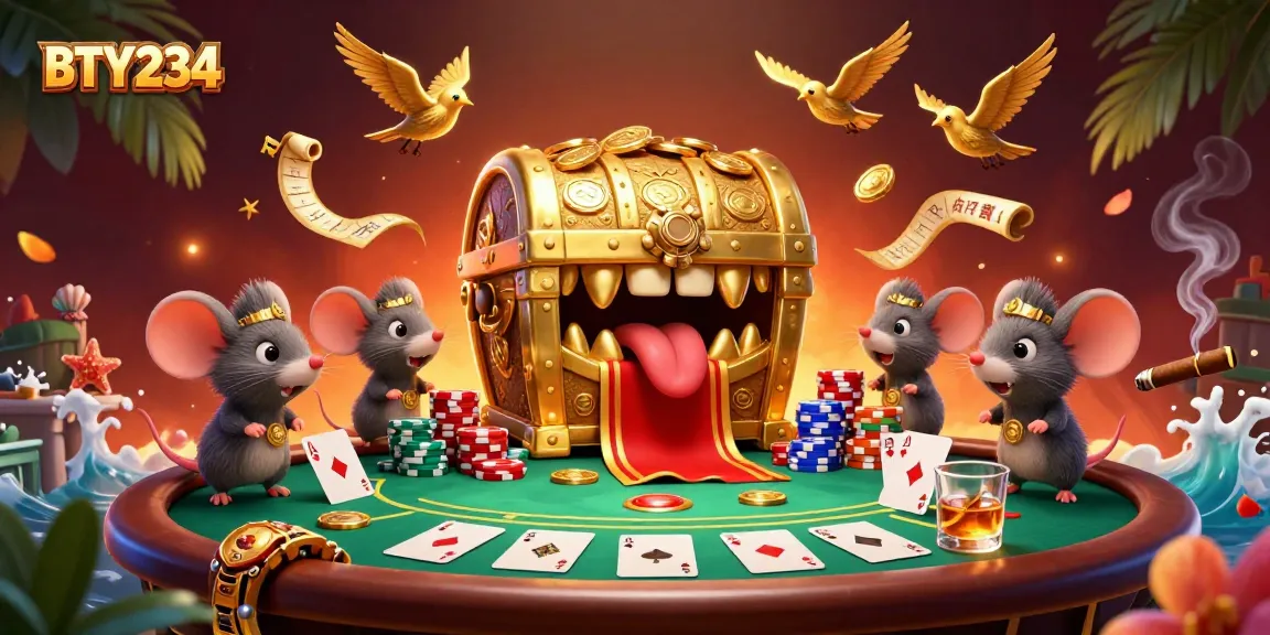Engage with BTY9234's vibrant 3D illustration showcasing a charismatic chest and a poker scene full of riches.