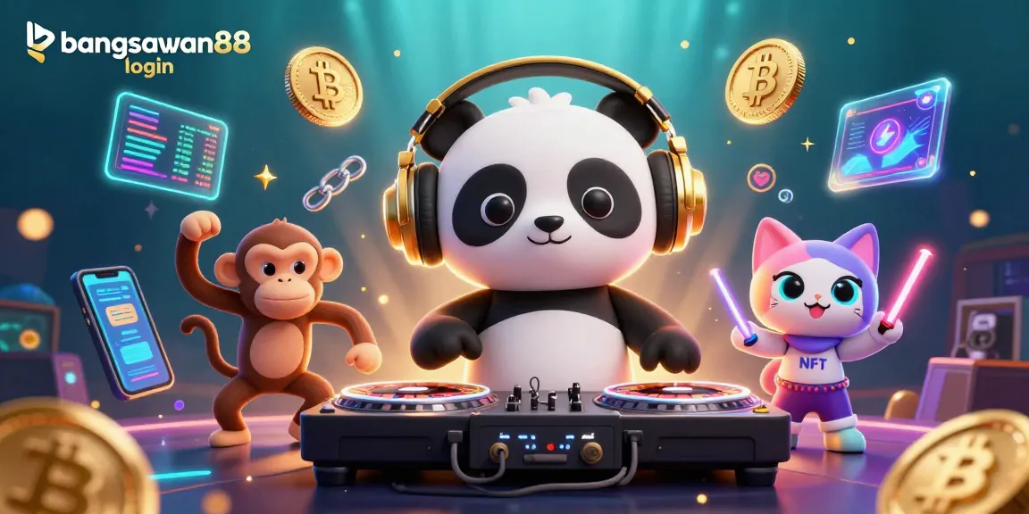 Spin to win with bangsawan88 login, featuring a DJ panda and dancing characters in a vibrant casino scene.