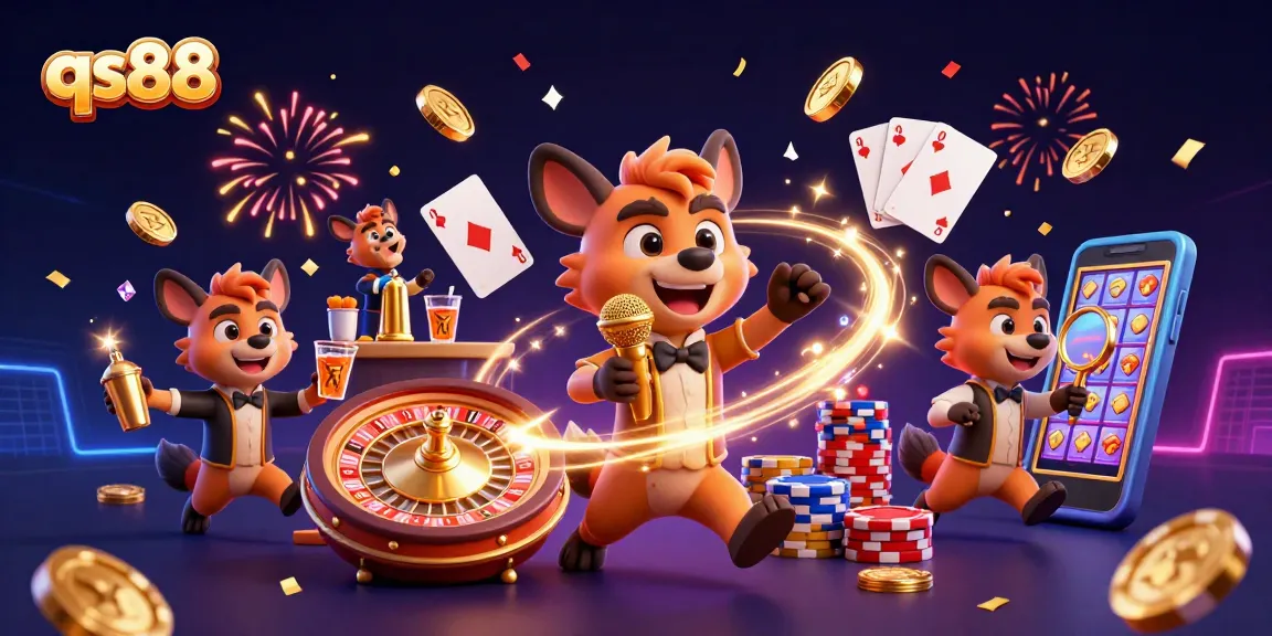 Experience the thrill of qs88 casino with lively hyenas, spinning roulette, and golden winnings!