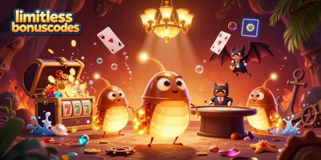 Experience limitlesscasinobonuscodes with glowworms in a vibrant cave casino, amidst gold coins and slot reels.