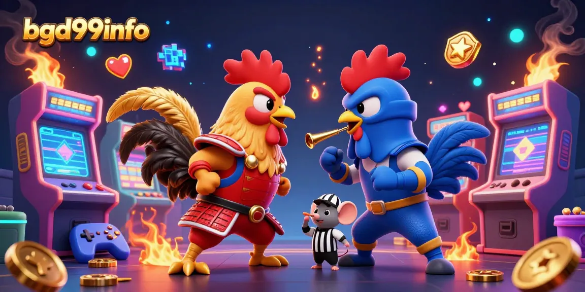 Engage with bgd99info's thrilling cartoon scene of roosters facing off, reflecting the excitement of online gambling.