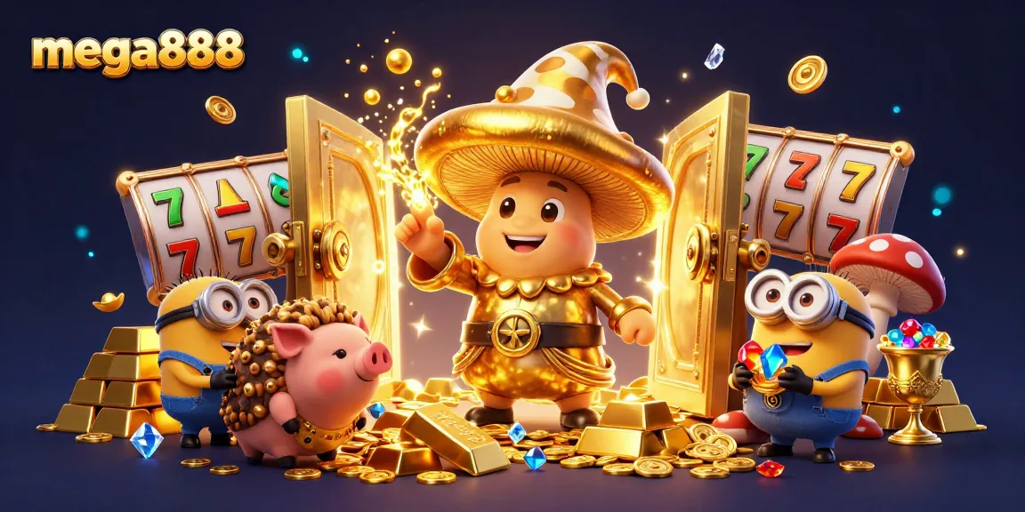 Win big with mega888's dynamic illustration of a magical casino adventure featuring golden treasures and vibrant characters.