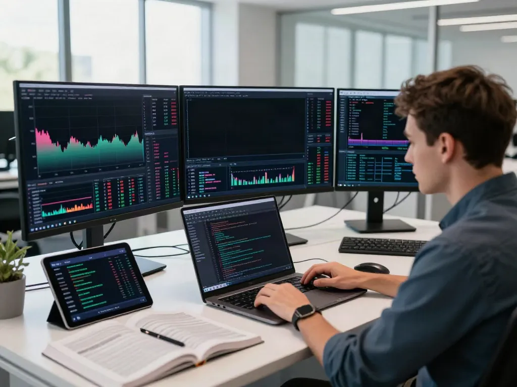 TradingView workspace with trader analyzing financial charts and coding in Pine Script in a modern office.