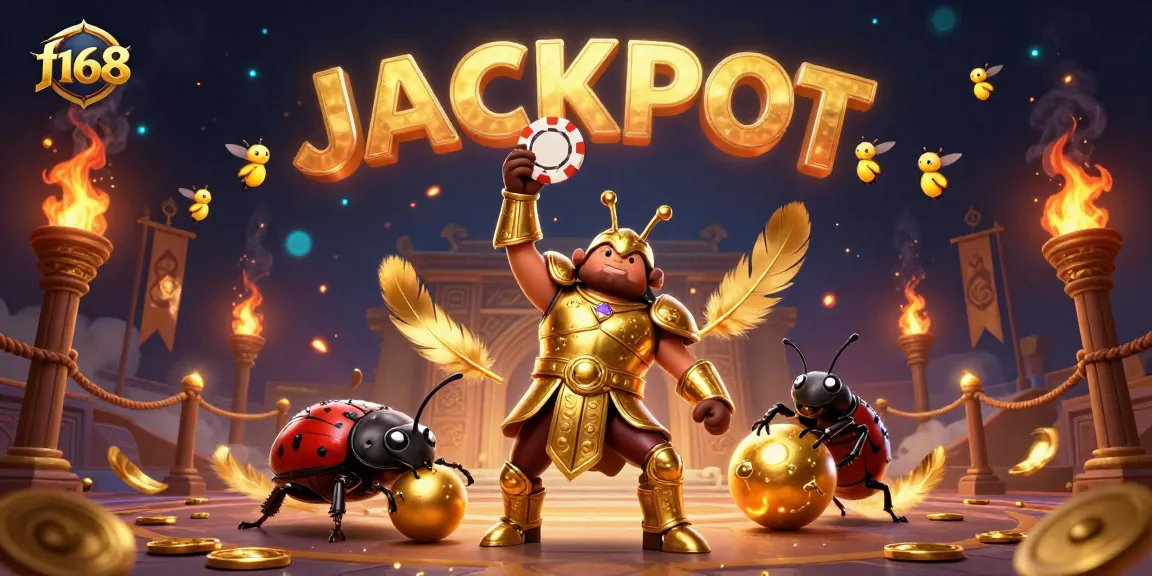 Experience an exciting victory moment at f168 as a beetle triumphantly lifts a poker chip amidst gold and glory.